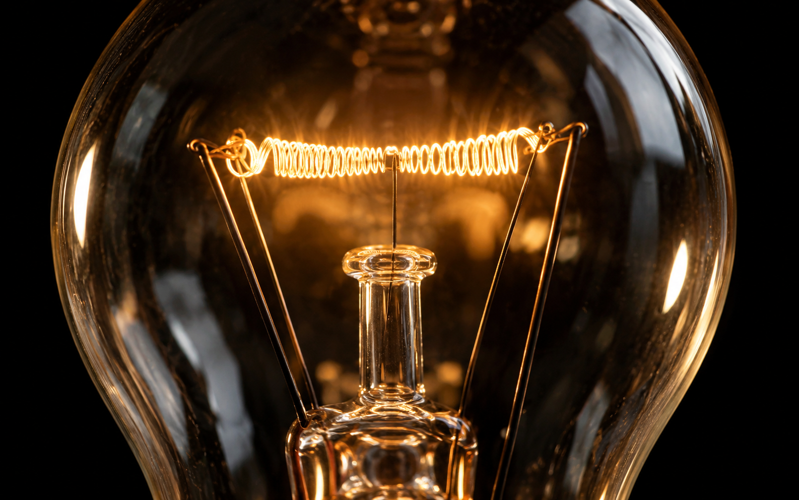 Makro-Symbolmotiv einer leuchtenden Glühwendel hinter Glas